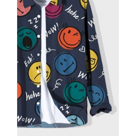 Mens Allover Colorful Smile Print Lapel Long Sleeve Shirts Winter