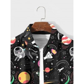 Mens Space Cartoon Animal Print Lapel Long Sleeve Shirts Winter