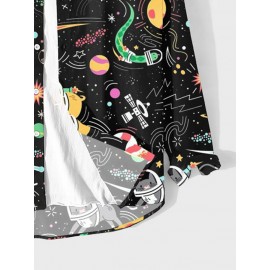 Mens Space Cartoon Animal Print Lapel Long Sleeve Shirts Winter