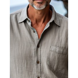 Mens Solid Texture Chest Pocket Lapel Casual Long Sleeve Shirts