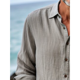 Mens Solid Texture Chest Pocket Lapel Casual Long Sleeve Shirts