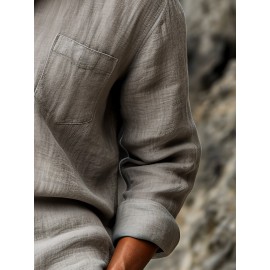 Mens Solid Texture Chest Pocket Lapel Casual Long Sleeve Shirts