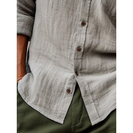 Mens Solid Texture Chest Pocket Lapel Casual Long Sleeve Shirts