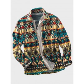 Mens Allover Ethnic Geometric Print Double Pocket Long Sleeve Shirts Winter