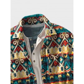Mens Allover Ethnic Geometric Print Double Pocket Long Sleeve Shirts Winter