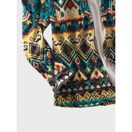 Mens Allover Ethnic Geometric Print Double Pocket Long Sleeve Shirts Winter