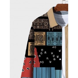 Mens Ethnic Tribal Smile Print Patchwork Long Sleeve Shirts Winter