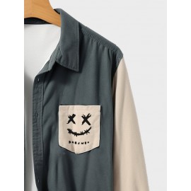Mens Smile Print Contrast Patchwork Lapel Long Sleeve Shirts Winter