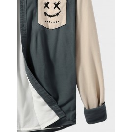 Mens Smile Print Contrast Patchwork Lapel Long Sleeve Shirts Winter