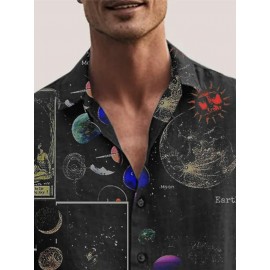 Mens Galaxy Planet Print Lapel Casual Long Sleeve Shirts Winter