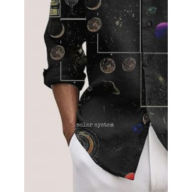 Mens Galaxy Planet Print Lapel Casual Long Sleeve Shirts Winter
