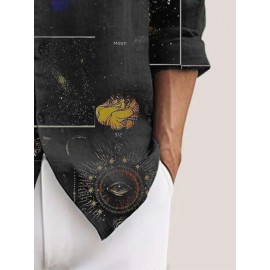 Mens Galaxy Planet Print Lapel Casual Long Sleeve Shirts Winter