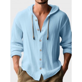 Mens Solid Button Up Long Sleeve Drawstring Hooded Shirts
