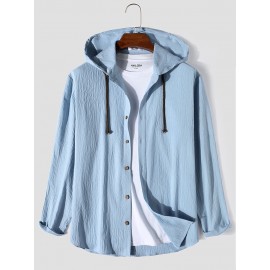 Mens Solid Button Up Long Sleeve Drawstring Hooded Shirts