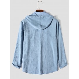 Mens Solid Button Up Long Sleeve Drawstring Hooded Shirts