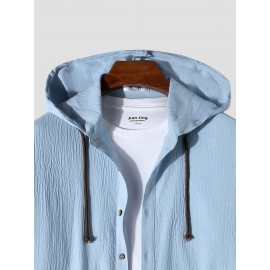 Mens Solid Button Up Long Sleeve Drawstring Hooded Shirts