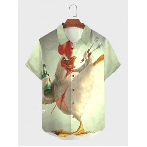 Mens Cartoon Chicken Print Button Up Casual Short Sleeve Shirts Winter