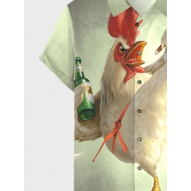 Mens Cartoon Chicken Print Button Up Casual Short Sleeve Shirts Winter