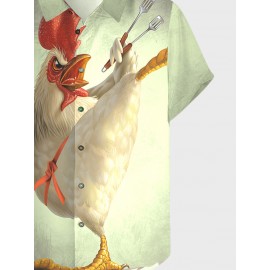 Mens Cartoon Chicken Print Button Up Casual Short Sleeve Shirts Winter