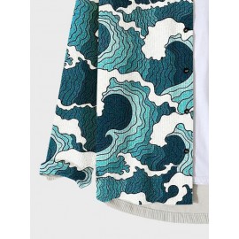 Mens Japanese Wave Print Contrast Patchwork Corduroy Long Sleeve Shirts Winter