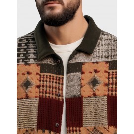 Mens Ethnic Vintage Geometric Pattern Patchwork Long Sleeve Shirts Winter