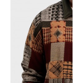 Mens Ethnic Vintage Geometric Pattern Patchwork Long Sleeve Shirts Winter