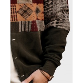 Mens Ethnic Vintage Geometric Pattern Patchwork Long Sleeve Shirts Winter