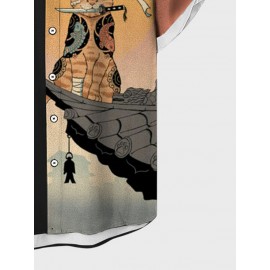 Mens Japanese Warrior Cat Print Patchwork Short Sleeve Shirts Winter