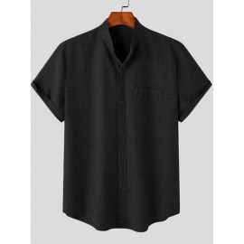 Mens Solid Stand Collar Chest Pocket Short Sleeve Shirt