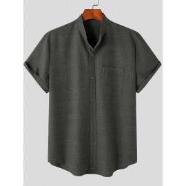 Mens Solid Stand Collar Chest Pocket Short Sleeve Shirt