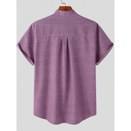 Mens Solid Stand Collar Chest Pocket Short Sleeve Shirt