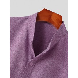 Mens Solid Stand Collar Chest Pocket Short Sleeve Shirt