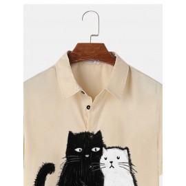 Mens Cute Cat Print Lapel Casual Short Sleeve Shirts Winter
