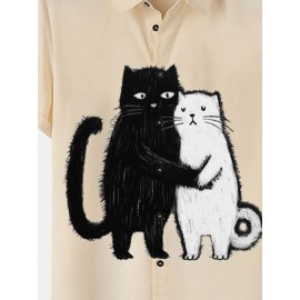 Mens Cute Cat Print Lapel Casual Short Sleeve Shirts Winter