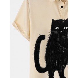 Mens Cute Cat Print Lapel Casual Short Sleeve Shirts Winter