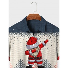 Mens Christmas Santa Claus Elk Print Lapel Short Sleeve Shirts