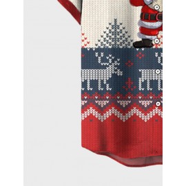 Mens Christmas Santa Claus Elk Print Lapel Short Sleeve Shirts