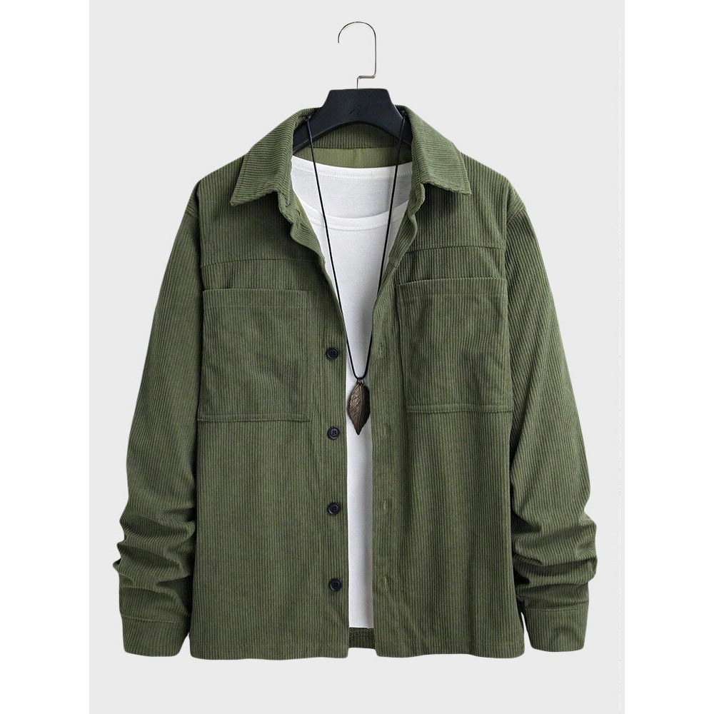 Mens Solid Double Pocket Lapel Corduroy Long Sleeve Shirts Winter
