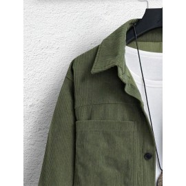 Mens Solid Double Pocket Lapel Corduroy Long Sleeve Shirts Winter