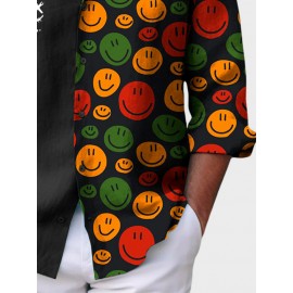 Mens Smile Face Print Patchwork Casual Long Sleeve Shirts Winter
