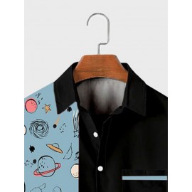 Mens Cartoon Planet Print Patchwork Casual Short Sleeve Shirts Winter