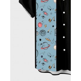 Mens Cartoon Planet Print Patchwork Casual Short Sleeve Shirts Winter