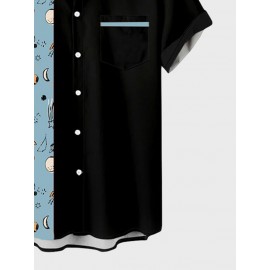 Mens Cartoon Planet Print Patchwork Casual Short Sleeve Shirts Winter