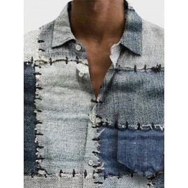 Mens Vintage Color Block Lapel Button Up Long Sleeve Shirts Winter