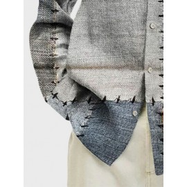 Mens Vintage Color Block Lapel Button Up Long Sleeve Shirts Winter