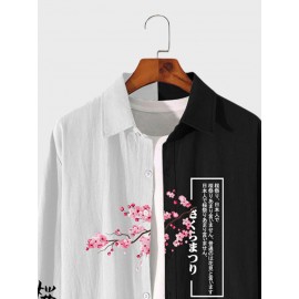 Mens Japanese Cherry Blossoms Print Patchwork Long Sleeve Shirts Winter