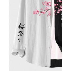 Mens Japanese Cherry Blossoms Print Patchwork Long Sleeve Shirts Winter
