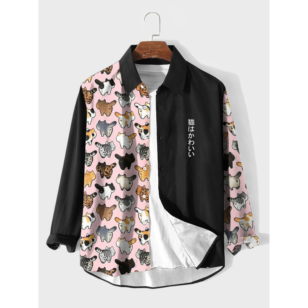 Mens Japanese Cat Print Patchwork Lapel Long Sleeve Shirts Winter