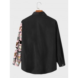 Mens Japanese Cat Print Patchwork Lapel Long Sleeve Shirts Winter