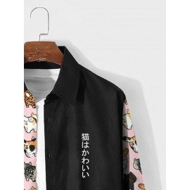 Mens Japanese Cat Print Patchwork Lapel Long Sleeve Shirts Winter